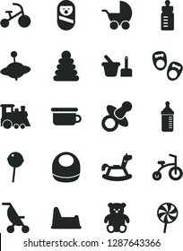 Solid Black Vector Icon Set - dummy vector, feeding bottle, measuring for, baby bib, stroller, summer, stacking rings, roly poly doll, toy sand set, children's potty, chair, small teddy bear, train
