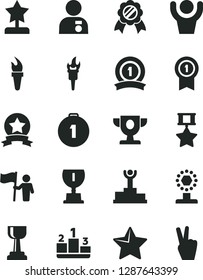 Solid Black Vector Icon Set - star vector, pedestal, flame torch, winner podium, prize, award, cup, gold, reward, man with medal, hold flag, first place, pennant, ribbon, hero, hands up