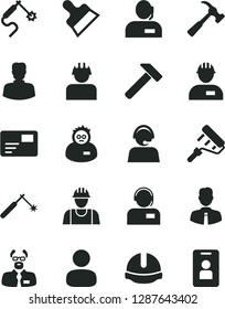 Solid Black Vector Icon Set - builder vector, workman, paint roller, construction helmet, putty knife, hammer, with claw, employee, pass card, operator, welding, gas, woman, man, dispatcher, access