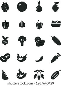 Solid Black Vector Icon Set - lettuce in a plate vector, cabbage, cucumber, chili, garlic, carrot, coffee beans, quince, blackberry, goji berry, Bell pepper, ripe, red, hot, onion, potato, beet