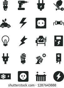 Solid Black Vector Icon Set - lightning vector, incandescent lamp, concrete mixer, cordless drill, saving light bulb, power socket type b, f, dangers, boiler, big solar panel, battery, plug, energy