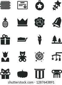 Solid Black Vector Icon Set - toys over the cradle vector, teddy bear, bell, gift, cake slice, a pineapple, squash, pumpkin, forest, weaving, flame torch, star medal, certificate, pennant flag, king