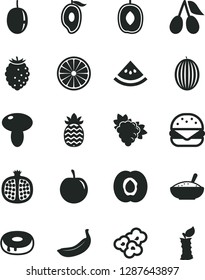 Solid Black Vector Icon Set - big burger vector, mushroom, cake with a hole, bowl of rice porridge, popcorn, half apricot, pomegranate, branch grape, cornels, tasty raspberry, melon, mango, banana