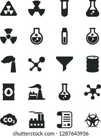 Solid Black Vector Icon Set - round flask vector, manufacture, factory, oil, barrel, industrial building, radiation, carbon dyoxide, filter, research article, test tube, molecule, nuclear, biohazard