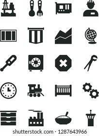 Solid Black Vector Icon Set - mark of injury vector, line chart, baby cot, storage unit, electronic thermometer e, plastic fork spoons, toy train, workman, window frame, adjustable wrench, strongbox