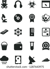 Solid Black Vector Icon Set - cloud vector, teddy bear, bucket, wallet, pc tower, hdd, cd, headphones, browser, test tube, microscope, atom, biohazard, satellite antenna, patente, 3d cube, ribbon