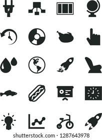 Solid Black Vector Icon Set - graph vector, car child seat, bicycle, window frame, index finger, globe, Hot Dog, chicken, small fish, planet Earth, electric plug, drop, space rocket, ring diagram