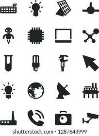 Solid Black Vector Icon Set - camera vector, industrial enterprise, mercury light bulb, caliper, phone call, notebook pc, keyboard, cpu, router, connect, cursor, test tube, molecule, robot, earth