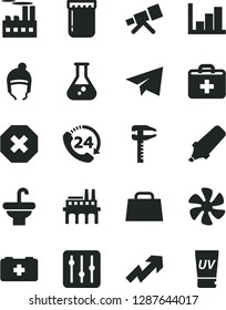 Solid Black Vector Icon Set - mark of injury vector, paper airplane, first aid kit, growth up, negative histogram, bag a paramedic, winter hat, washbasin, regulator, 24, jam, marine propeller, hand