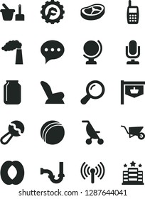 Solid Black Vector Icon Set - desktop microphone vector, beanbag, car child seat, summer stroller, bath ball, toy sand set, building trolley, sewerage, star gear, speech, globe, bacon, half peach