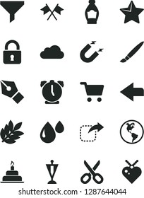 Solid Black Vector Icon Set - tassel vector, scissors, left direction, birthday cake, lock, star, alarm clock, move right, bottle, planet Earth, drop, magnet, shopping cart, filter, cloud, biology