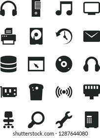 Solid Black Vector Icon Set - Easter cake vector, pc tower, card, monitor, hdd, cd, printer, headphones, browser, lan connector, wireless, magnifier, note, chair, big data, mail, repair, history