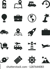 Solid Black Vector Icon Set - briefcase vector, map, planet Earth, retro car, lighthouse, rocket, history, saturn, plane, baggage, air balloon, suitcase, palm tree, transfer, handwheel, mountains