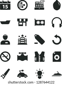 Solid Black Vector Icon Set - counterclockwise vector, remove label, bath, workman, hand saw, calendar, headphones, kiosk, lime, valve, electric car, cash machine, gpu card, network, bulb, hotel