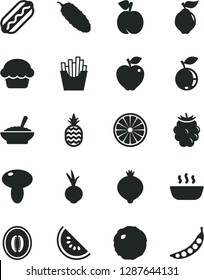 Solid Black Vector Icon Set - Hot Dog vector, mushroom, cake, a bowl of buckwheat porridge, cabbage, cucumber, beet, French fries, pineapple, peach, quince, red apple, medlar, blackberry, blueberry