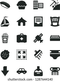 Solid Black Vector Icon Set - downward direction vector, archive, cradle, diaper, medical bag, motor vehicle, city block, brick, spatula, put in a box, size, cake, japanese sushi, cup of popcorn