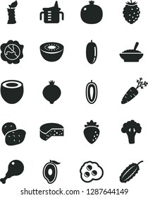 Solid Black Vector Icon Set - measuring cup for feeding vector, cheese, a bowl of buckwheat porridge, chicken leg, omelette, pomegranate, squash, raspberry, medlar, tasty, half mango, date fruit