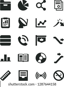 Solid Black Vector Icon Set - graph vector, archive, book, folder, phone call, satellite dish, vintage sign, connections, chart, a crisis, statistical report, ring diagram, pie charts, memory