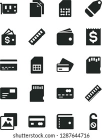 Solid Black Vector Icon Set - bank card vector, purse, clean paper, picture, pass, label, SIM, reverse side of a, front the, financial item, wallet, memory, pc, sd, credit, do not distrub