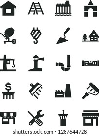 Solid Black Vector Icon Set - box of bricks vector, dwelling, hook, building trowel, concrete mixer, small tools, paint roller, ladder, siphon, level, spatula, kiosk, hydroelectricity, tower crane