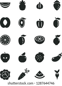 Solid Black Vector Icon Set - strawberries vector, squash, quince, apricot, tasty apple, raspberry, half of mango, peach, water melon slice, ripe plum, lemon, orange, pineapple, grapefruit, garlic