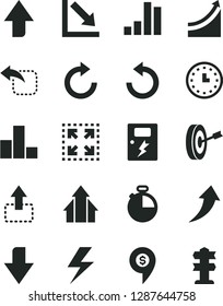 Solid Black Vector Icon Set - lightning vector, upward direction, downward, clockwise, counterclockwise, bar chart, negative, dangers, timer, size, move up, left, wall watch, growth graph, arrows