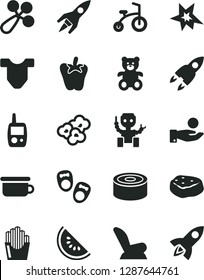 Solid Black Vector Icon Set - Child T shirt vector, baby rattle, car seat, toy mobile phone, children's potty, teddy bear, bicycle, shoes for little children, canned goods, piece of meat, peper