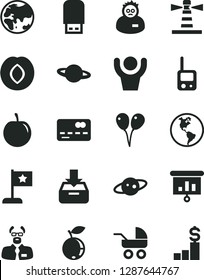 Solid Black Vector Icon Set - baby carriage vector, toy phone, colored air balloons, put in a box, planet, plum, blueberry, tasty, Earth, lighthouse, front of the bank card, presentation, usb flash