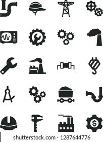 Solid Black Vector Icon Set - repair key vector, hook, gears, sewerage, construction helmet, gear, water pipes, manufacture, factory, power pole, industrial building, calipers, trolley with coal