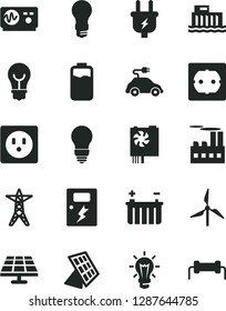 Solid Black Vector Icon Set - bulb vector, power socket type f, dangers, charge level, solar panel, windmill, battery, light, hydroelectric station, line, plug, industrial building, electric car