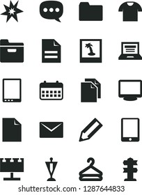 Solid Black Vector Icon Set - laptop vector, clean sheet of paper, scribbled, folder, envelope, T shirt, hanger, billboard with illumination, pencil, calendar, speech, tablet pc, monitor, bang