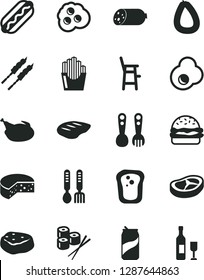 Solid Black Vector Icon Set - a chair for feeding child vector, plastic fork spoons, iron, sausage, stick of, cheese, Hot Dog, burger, chicken, bacon, chop, barbecue, piece meat, fried potato slices