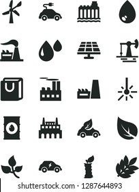 Solid Black Vector Icon Set - drop vector, bag with handles, apple stub, solar panel, working oil derrick, leaves, leaf, wind energy, factory, hydroelectricity, industrial building, eco car, biology