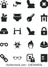 Solid Black Vector Icon Set - mark of injury vector, spectacles, diaper, Baby chair, car child seat, winter hat, warm, construction helmet, lock, encrypting, glasses, biohazard, rope barrier, key
