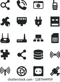 Solid Black Vector Icon Set - Puzzle vector, power socket type f, big data, plug, SIM card, connection, connections, scheme, phone call, mobile, usb, router, network, browser, lan connector