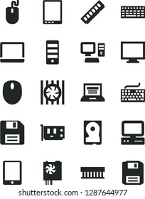 Solid Black Vector Icon Set - floppy disk vector, laptop, monitor, keyboard, computer, tablet pc, notebook, radiator fan, mouse, power supply, tower, memory, card, hdd
