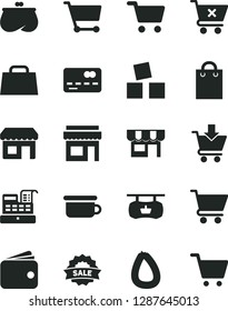 Solid Black Vector Icon Set - children's potty vector, cubes for children, cart, put in, crossed, kiosk, stick of sausage, shopping, antique advertising signboard, front the bank card, wallet, purse