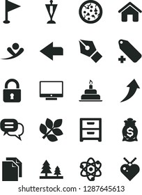 Solid Black Vector Icon Set - left direction vector, clean paper, add label, pennant, birthday cake, house, lock, screen, nightstand, pizza, forest, atom, biology, ink pen, arrow up, dialog