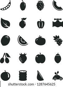 Solid Black Vector Icon Set - tomato vector, garlic, apple, grape, quince, strawberry, cornels, tasty raspberry, mulberry, slice of melon, water, tangerine, tamarillo, coconut, Bell pepper, peas