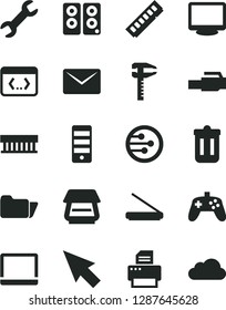 Solid Black Vector Icon Set - calipers vector, notebook pc, radiator fan, tower, memory, monitor, printer, scanner, speaker, network, folder, trash bin, coding, lan connector, joystick, mail, repair