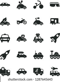Solid Black Vector Icon Set - motor vehicle vector, present, tricycle, car, delivery, eco, environmentally friendly transport, electric, autopilot, rocket, Express, lunar rover, limousine, baggage