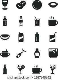 Solid Black Vector Icon Set - mug for feeding vector, bottle, measuring, e, coffee, a plate of milk, beans, cup tea, glass soda, cocktail, can, orange, piece coconut, champagne
