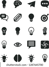 Solid Black Vector Icon Set - image of thought vector, matte light bulb, incandescent lamp, paper airplane, Puzzles, saving, eye, Hot Dog, speech, brain, target, dialog, idea