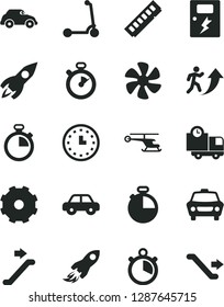 Solid Black Vector Icon Set - truck lorry vector, stopwatch, motor vehicle, child Kick scooter, dangers, timer, car, delivery, marine propeller, retro, rocket, space, wall watch, memory, helicopter