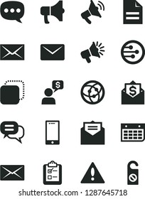 Solid Black Vector Icon Set - warning vector, envelope, scribbled paper, received letter, smartphone, survey, megaphone, copy, loudspeaker, wall calendar, speech, network, mail, dialog, money