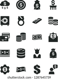 Solid Black Vector Icon Set - dollar vector, strongbox, cards, coins, column of, dollars, cash, gold ring, bar, money rain, coin, bag, gear, king, mail, dialog