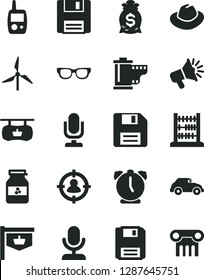 Solid Black Vector Icon Set - desktop microphone vector, floppy disk, hat, camera roll, toy mobile phone, abacus, alarm clock, jar of jam, windmill, retro car, vintage sign, man in sight, glasses