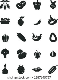 Solid Black Vector Icon Set - stick of sausage vector, slices onion, lettuce in a plate, cucumber, chili, peper, coffee beans, quince, blackberry, goji berry, Bell pepper, ripe, red, hot, garlic