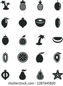 Solid Black Vector Icon Set - a pineapple vector, medlar, half of, mango, loquat, date fruit, passion, sweet, kiwi, tamarillo, guawa, piece coconut, ripe guava, part, palm tree, starfish