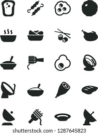 Solid Black Vector Icon Set - spaghetti vector, noodles, a bowl of buckwheat porridge, rice, hot, lettuce in plate, chicken, grill leg, chop, meat on skewers, cabbage, Chinese chopsticks, fried egg